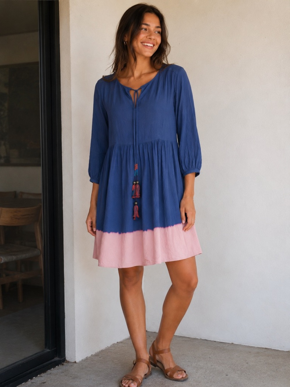 Anthropologie Holding Horses Ombre Tassel Dress Blue Pink Boho Rayon Size 0